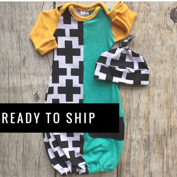 Items similar to Funky baby boy gown, Aqua mustard baby outfit, baby