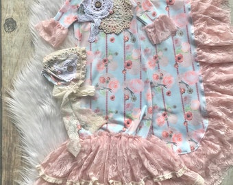 Baby girl gown set, custom baby gown, vinatge style, baby girl layette, baby shower gift, hospital gown, coming home outfit, baby girl gown
