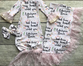 rainbow baby, miracle baby, custom baby gown, baby shower gift, hospital set, baby girl gown, scripture gown, country chic, vintage style