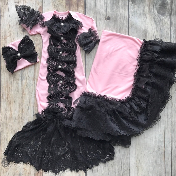 Baby girl gown set, baby shower gift, over the top baby, going home outfit girl, pink and black, boutique baby outfit, fancy baby gown