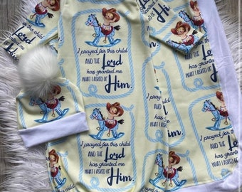 custom designed gown set, scripture outfit, for this child we prayed, rainbow baby, baby boy gown set