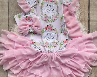 Baby girl gown, personalized, country chic, vintage style, mint pink, over the top, baby shower gift, going home outfit, name gown