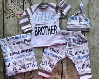 Little brother shirt, custom designed pant set, blue gray baby outfit, baby boy going home outfit, hospital set, photo prop