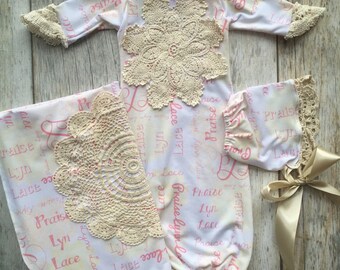 Vintage style gown, Custom name gown, matching blanket, take home set, baby girl gown, girl layette, pink lace gown, baby gown