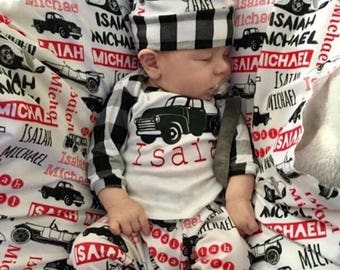 Baby boy pant set, vintage car baby outfit, custom designed, personalized baby set, coming home outfit, baby shower gift