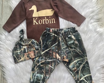 Duck hunter Camo, baby boy hunter, water fowl, infant pant set, going home outfit, baby shower gift