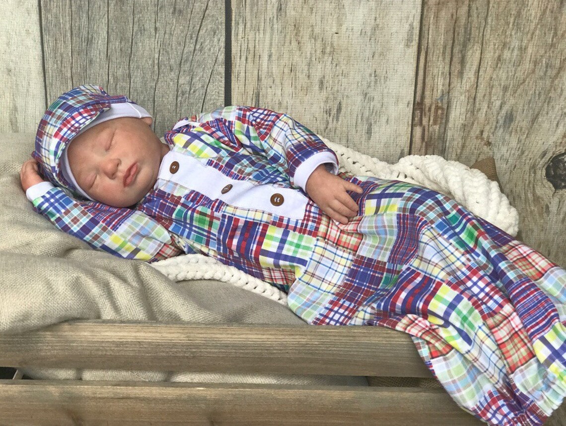 Baby Boy Gown Primary Plaid Madras Baby Outfit Baby Shower Etsy