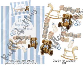 Reserved-custom designed swaddle set, blanket and pillowcase for the hospital bed