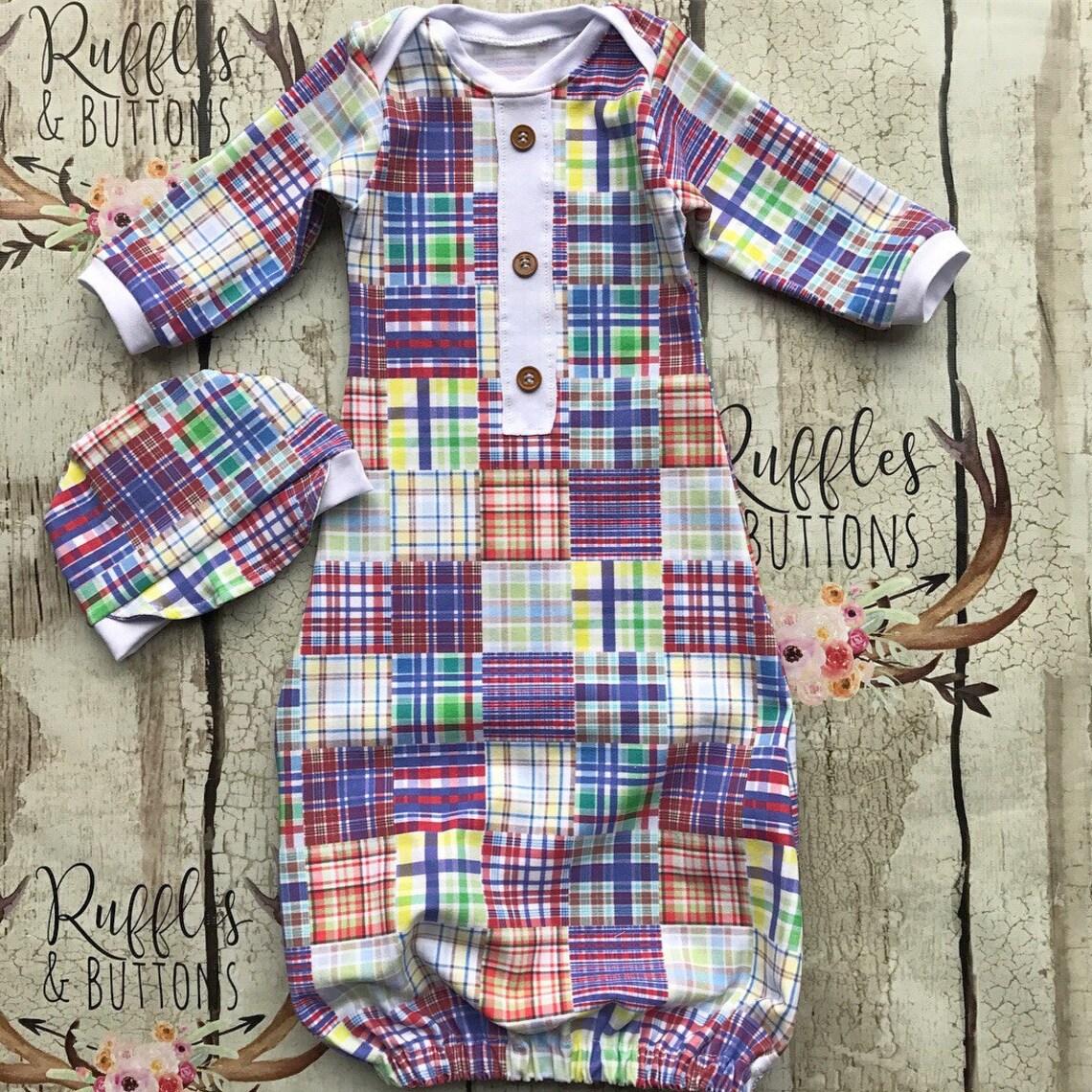 Baby Boy Gown Primary Plaid Madras Baby Outfit Baby Shower Etsy