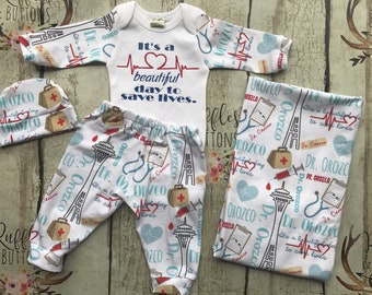 personalized baby outfit, doctor baby, save lives, going home outfit, baby shower gift, baby boy layette