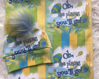 READY TO SHIP- Swaddle blanket and hat set, photo prop,  baby shower gift, baby girl, baby boy, oh the places, personalized blanket