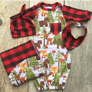 Woodland baby gown set, buffalo plaid outfit, baby shower gift, going home outfit, baby boy gown, rustic nursery, hospital gown