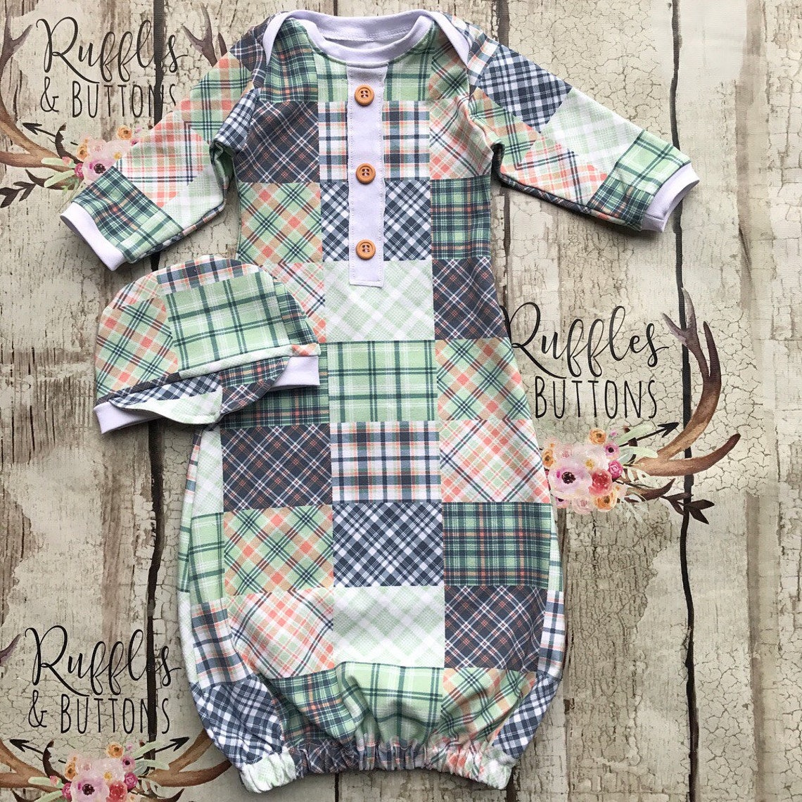 Baby Boy Gown Green Coral Plaid Madras Baby Outfit Baby Etsy