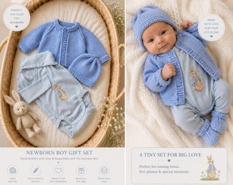 Conjunto de presente para recém-nascido menino, tricotado à mão | Conjunto para bebê inspirado no Peter Rabbit | Casaquinho e gorro para recém-nascido | Roupa para a saída da maternidade | Presente para chá de bebê