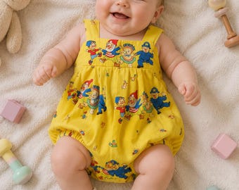 Handmade Vintage Storybook Romper – Bright Yellow Retro Baby Outfit