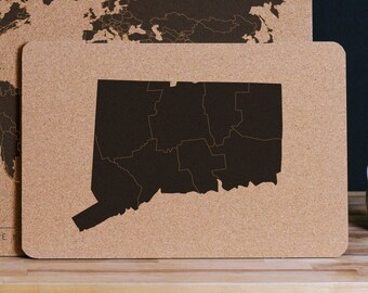 Connecticut State Map, Cork Push Pin Map on Solid Cork with Personalized Legend, Customized Pinboard Office Decor Map for Pinning Travel