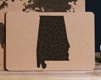 Alabama State Map, Cork Push Pin Map on Solid Cork with Personalized Legend, Customized Pinboard Office Decor Map for Pinning Travel