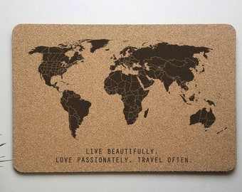 Live Beautifully Love Passionately Travel Often, Solid Cork Push Pin Travel Map - 12x18