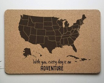 With you everyday is an adventure, Solid Cork Push Pin Travel Map - 12x18