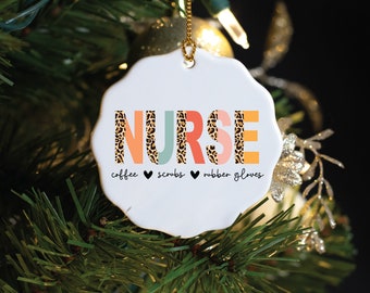 Nurse Christmas Ornament, Coffee Scrubs Rubber Gloves