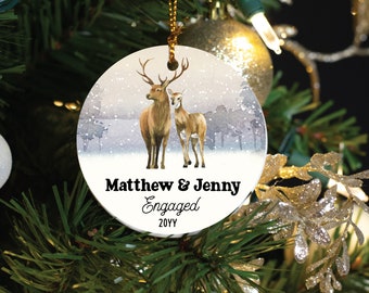 Engaged Doe and Buck, Personalized Porcelain Ornament, Wedding Gift, Our First Christmas Married, Newlywed Gift, Mr and Mrs Ornament