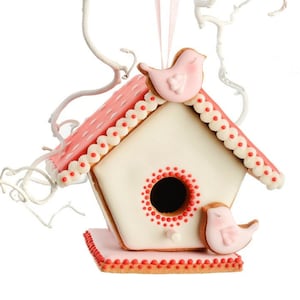 Può includere: Una casetta per uccelli in pan di zenzero rosa e bianca con un tetto rosa e due uccellini rosa appesi a un ramo bianco. La casetta ha una base bianca con un motivo a pois rossi e bianchi intorno all'apertura. La casetta è decorata con punti bianchi intorno al tetto e alla base.