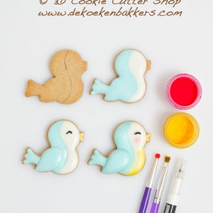 May include: Two decorated bird cookies, one with blue and white icing, the other with blue, yellow, and white icing.  Two undecorated bird cookies, a red and yellow jar of icing, and three paintbrushes are also shown.  The text "&copy; 3D Cookie Cutter Shop www.dekoekenbakkers.com" is at the top of the image.