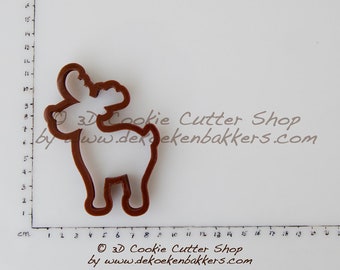 May include: A brown reindeer cookie cutter. The cutter is made of a solid material and has a detailed outline of a reindeer. The text "3D Cookie Cutter Shop by www.dekoekenbakkers.com" is printed on the image.