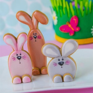 Könnte beinhalten: Drei dekorierte Zuckerkekse in Form von Hasen. Die Hasen sind rosa, braun und grau. Die Kekse befinden sich auf einem weißen Teller mit rosa Hintergrund. Der Text "3D Cookie Cutter Shop by De Koekenbakkers" befindet sich am unteren Rand des Bildes.