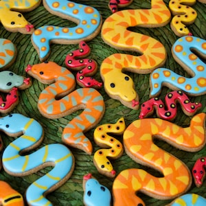 May include: A collection of colorful, hand-painted snake-shaped cookies decorated with various patterns, including dots, stripes, and swirls. The cookies are arranged on a green background with the website www.dekoekenbakkers.com displayed at the bottom.