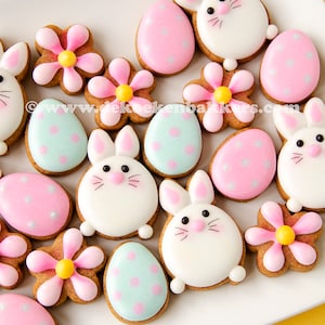 May include: A white plate with a variety of Easter-themed sugar cookies. The cookies are decorated with pink, blue, and white icing and feature designs of bunnies, eggs, and flowers. The cookies are arranged in a decorative pattern on the plate.