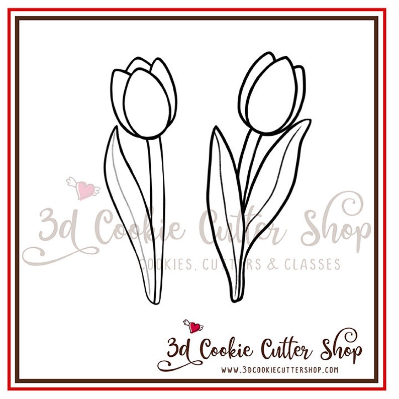 May include: A black and white line drawing of two tulips with stems and leaves. The image is on a white background with the text "3d Cookie Cutter Shop" in black and red.