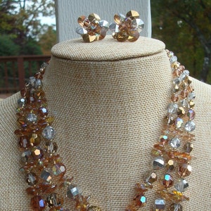 Vendome  All Crystal Cut Glass Triple Strand Necklace  Gold and Silver Flash Earrings Demi