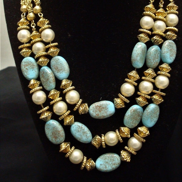 Vendome Triple Strand Turquoise Blue Lampwork Beads Faux Pearls Gold Chain Necklace Embellished Box Clasp