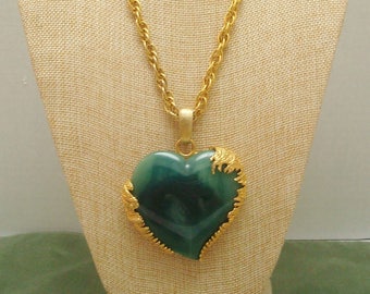 Harry Rosenfeld Jade Green Lucite Heart Pendant Necklace Goltone  Brutalist Framed Heart Pendant Goldtone Chain RARE