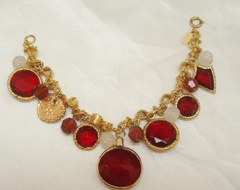 Accessocraft Ruby Red Glass Charms Givre Beads White Beads Roman Coin Charm Brutalist Goldtone Bracelet RARE
