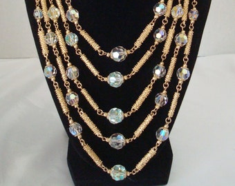 Vendome  AB Crystals Textured Gold Five Strand Necklace Vendome Crystal Gold Earrings Demi