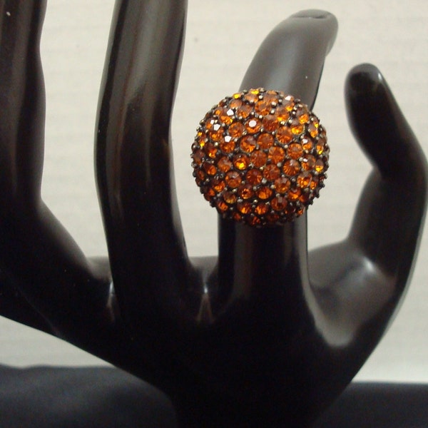 Vendome Orange Rhinestone Cluster Dome Japanned Setting Adjustable Square Shank Cocktail Ring Ad Piece  1965