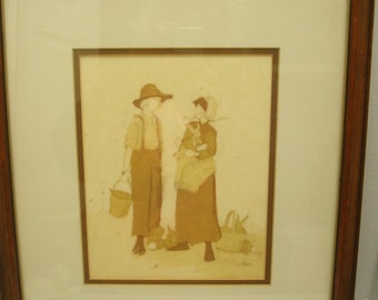 Vera Kirk Original Batik Amish Couple with Rabbits Framed Original Batik