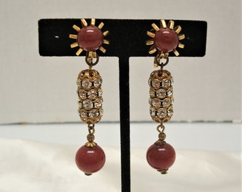 Amourelle Carnelian Glass Bead Clear Crystal Rhinestone Dangle Earrings