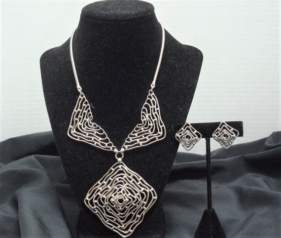 Napier Silvertone Open Metal Work Necklace and Ear