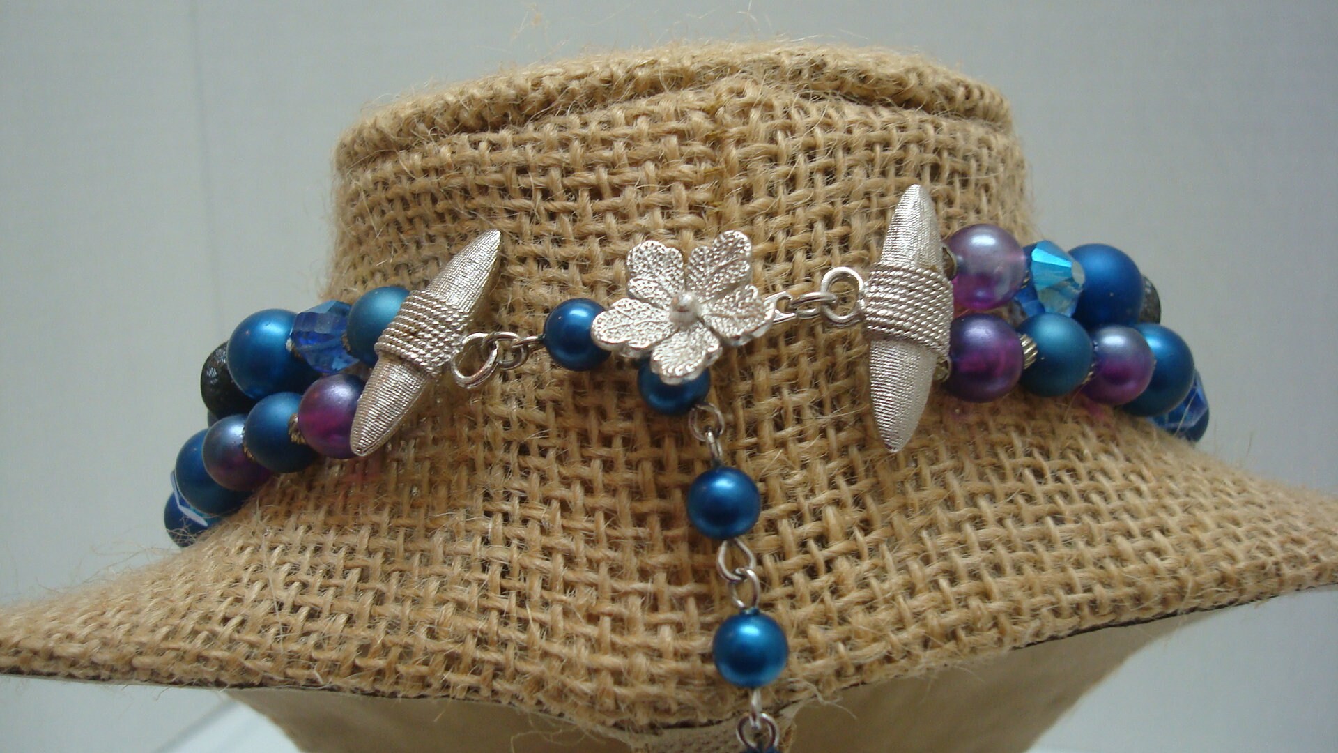 Collier double rang Vendôme en satin bleu et violet, perles de cristal ...