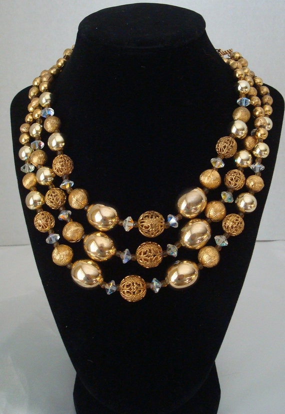 Lisner Three Strand Shiny Gold Bead Filigree Gold… - image 1