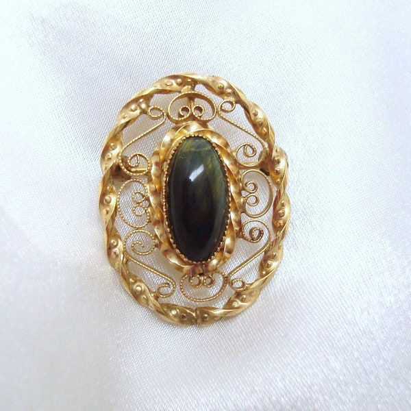 Curtis Hawk's Eye Brooch Pendant Gold Filled Blue Tiger Eye Pendant Brooch Chatoyant Brooch Petite Cats Eye Brooch