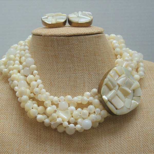 Celia Sebiri Mother of Pearl Glass Bead Torsade Choker Necklace Celia Sebiri Mother of Pearl Earrings Demi with Case