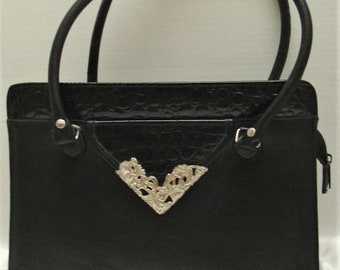 Vintage Black Faux Leather Faux Alligator Top Handle Handbag Black Faux Leather Purse Kelly Style Handbag