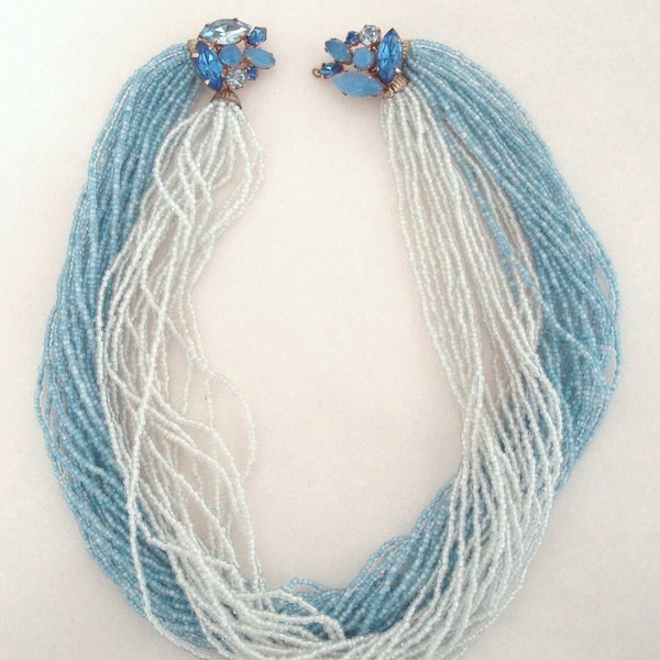 Valjean Spun Sugar  Blue/White Seed Bead Choker Necklace Seed Bead Torsade  Blue Rhinestone Glass Clasp Ad Piece