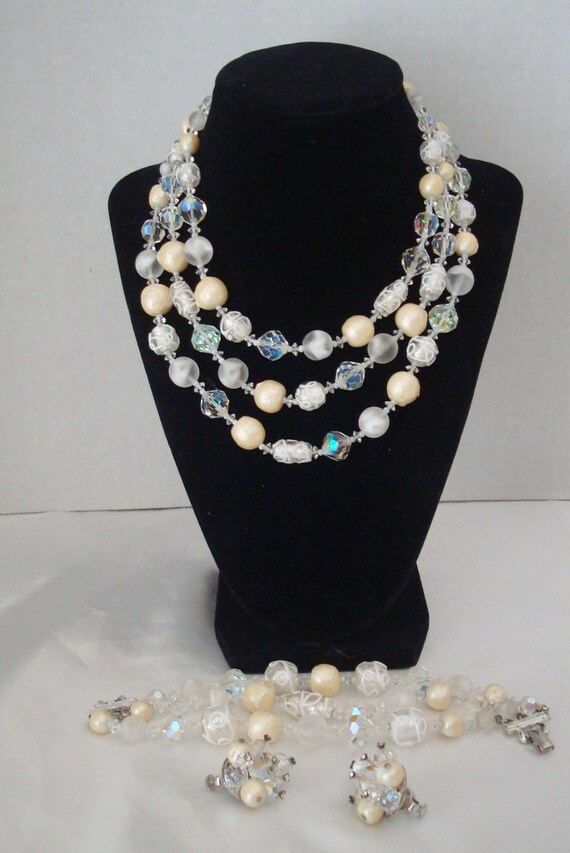 Three Strand Necklace Swarovski Beads and Pearls 