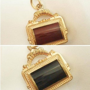 Victorian Gold Filled Double Sided Black Onyx Carnelian Fob Pendant Charm Rectangular Two Sided Fob
