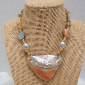 Cadoro Orange Abalone Shell Mother of Pearl Pendant Gold Bead Faux Pearl Abalone Bead Necklace